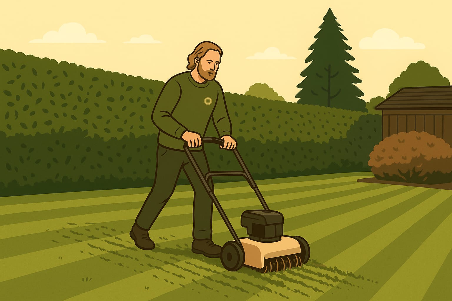 Man scarifying a lawn in a hedge walled lawned garden