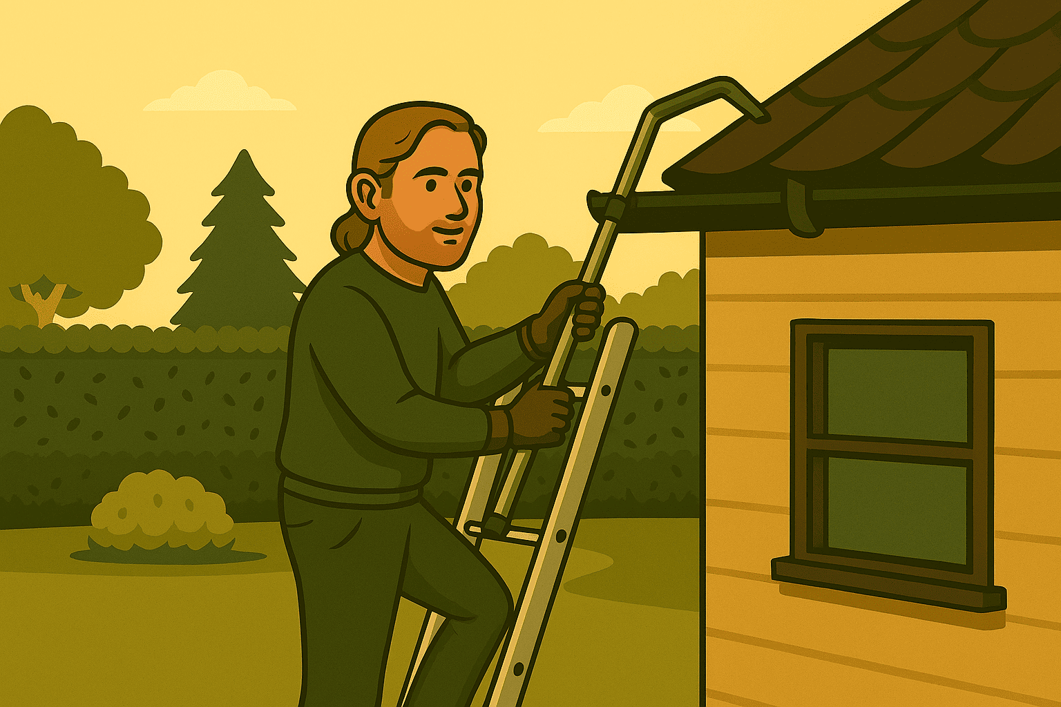 A man mounted on ladder cleaning the shoots of the house 