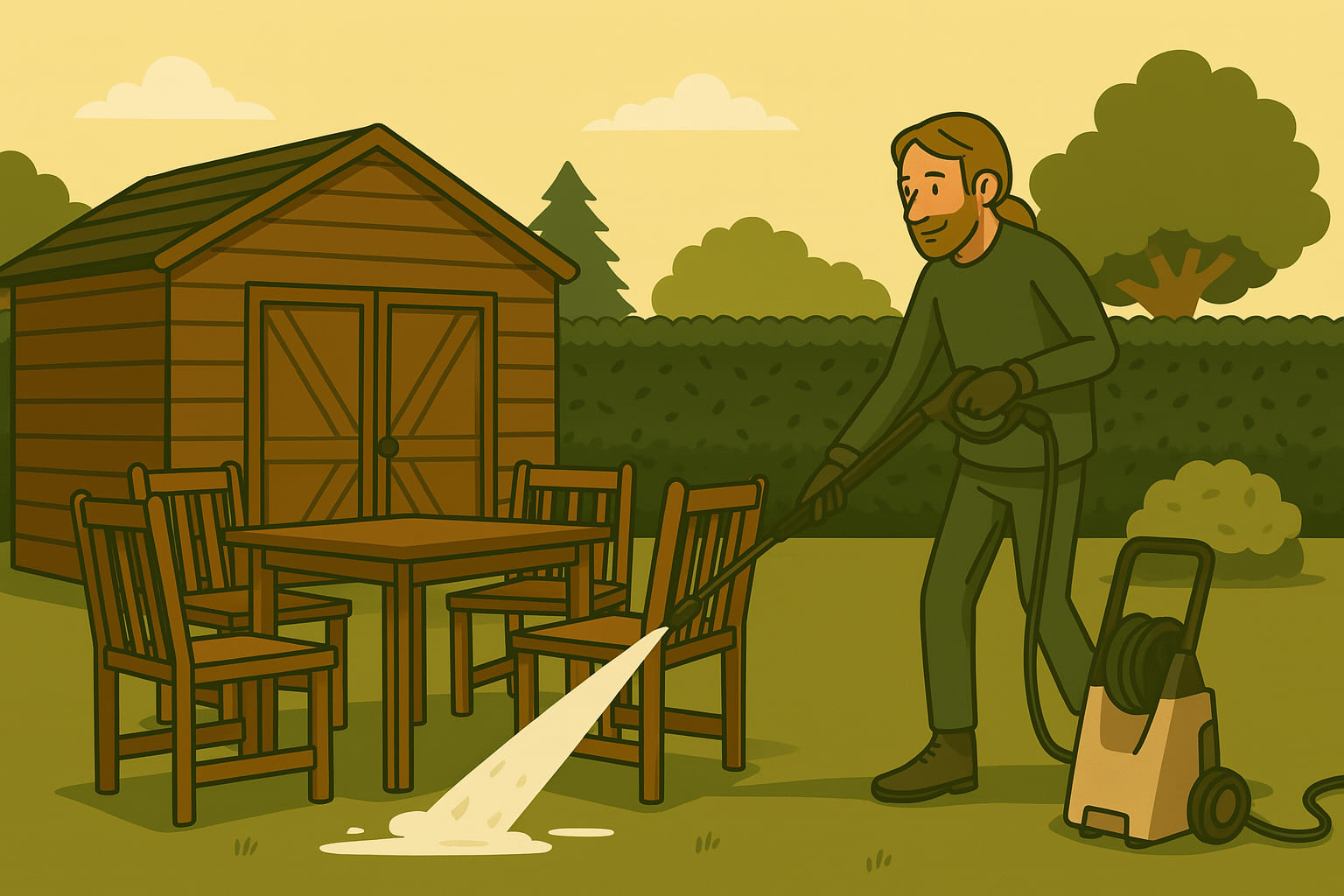 A man cleaning the garden furniture in a walled laened garden with a power washer