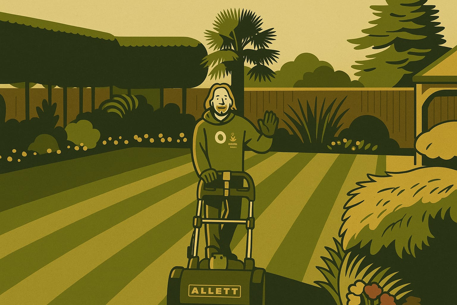 Man cutting lawn in a wooden fenced garden with a lawnmower, the border contains flowers and large bushes