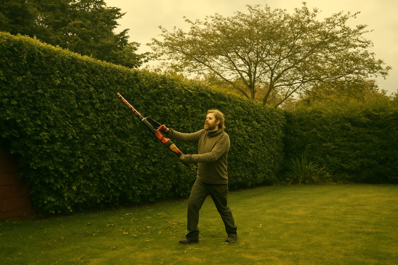 Man cutting a very large hedge in hedge walled lawned garden