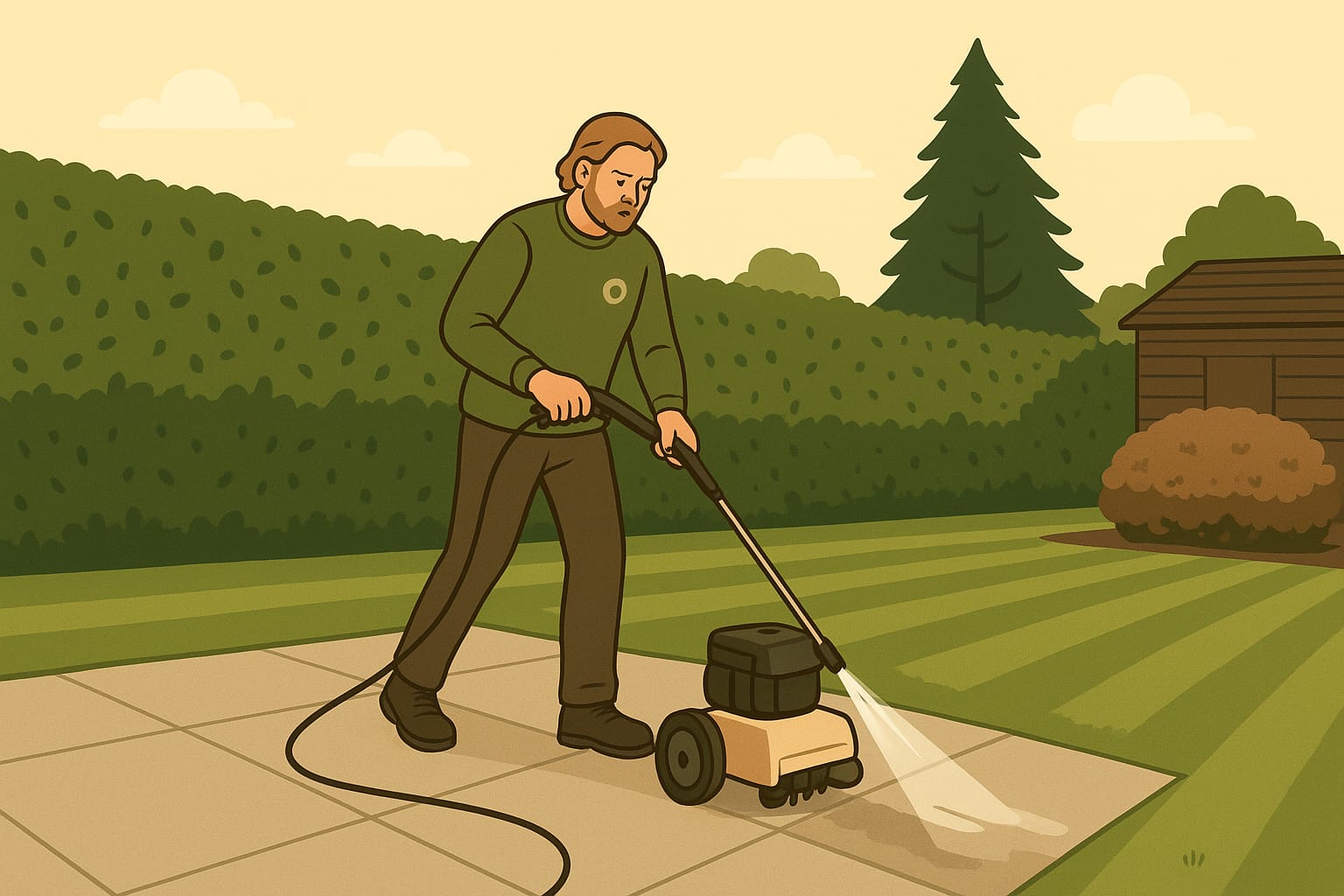 A man cleaning the patio area in a walled laened garden with a power washer