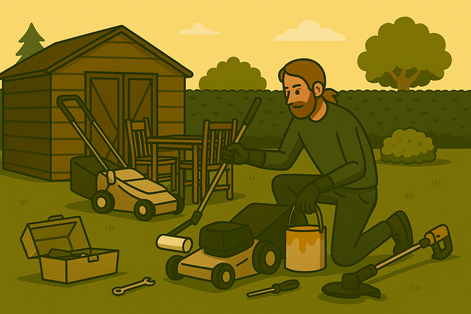 A man repairing the garden lawn mower in a walled lawned garden